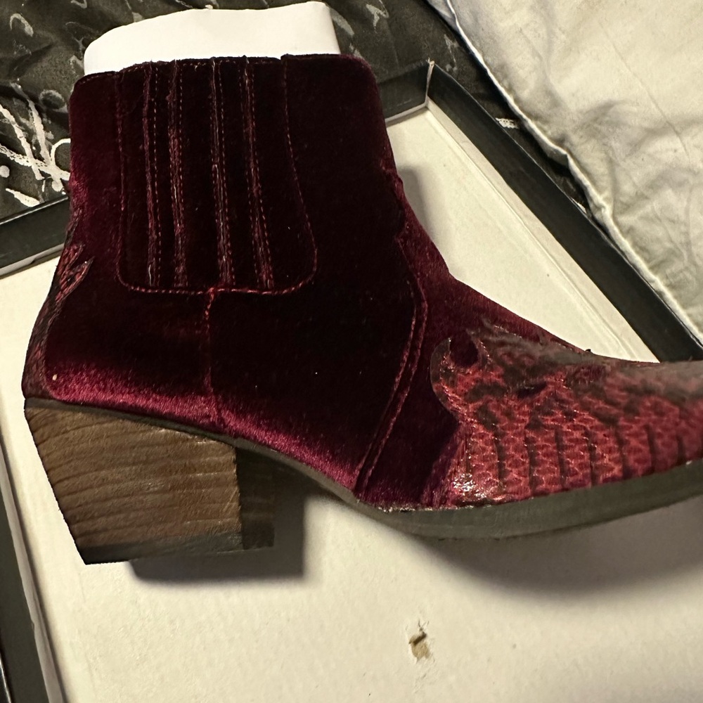 New (burgundy suede with snakeskin)